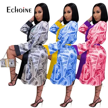 Echoine Sexy Rudens Sieviešu dolāru Drukāšanas Dāmas Halāti Satīna Nakts Valkāt Tērpu kimono Sleepwear peldmētelis mājas Brīvs Gara Kleita