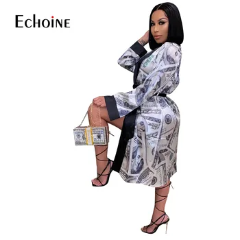 Echoine Sexy Rudens Sieviešu dolāru Drukāšanas Dāmas Halāti Satīna Nakts Valkāt Tērpu kimono Sleepwear peldmētelis mājas Brīvs Gara Kleita