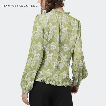 Eleganta, Gaiši Zaļš Sieviešu Ziedu Krekli Vintage Garš Mežģīņu Piedurknēm V-Veida Kakla Topi Brīvs Plus Lieluma Outwear 2020. Gada Rudenī Dāmas Jaunas