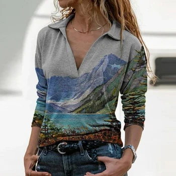 Elegants Modelis Ainavu Drukāt Blūze, Krekls Sievietēm Jauna Rudens Kārta-Apkakle Top Vintage Džemperis ar garām Piedurknēm Streetwear Blusa