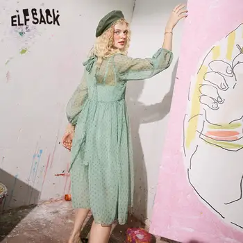 ELFSACK Zaļā Polka Dot Gadījuma Mežģīnes Up Sievietēm Šifona Kleita 2020. Gada Vasaras ELF Vintage Skatīt Caur korejas Dāmas Ikdienas Darbā Kleitas