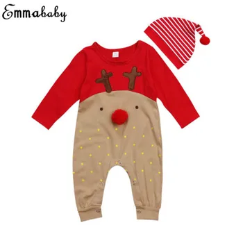 Emmababy 2gab Apģērbu Komplektu !! Jaundzimušais Zēni Meitene Ziemassvētku Kokvilnas Romper Jumpsuit +Cepure, Apģērbs, Drēbes