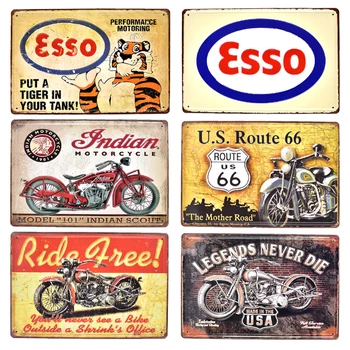 Esso Texaco BSA Indijas Motociklu Vintage Metāla Gofrēta Skārda Zīme ROUTE 66 Garāžas Petro Benzīns Dekoratīvs Plakāts ar Metāla Plāksnēm