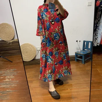 Etniskās sieviešu garās kokvilnas un lina liela krāsu zaudēt izmēra kleitu Ķīnas retro diagonāli sprādzes tējas apģērbu rudens