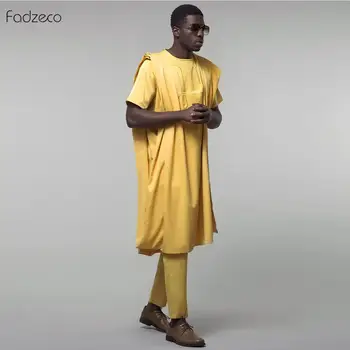 Fadzeco Agbada 2019 Vīriešu Āfrikas Izšuvumi Dashiki Dzeltena Doudou Topi ar Īsām Piedurknēm Elsas 3PCS Plus Lieluma Vīriešu Drēbes, Drēbes Bazin