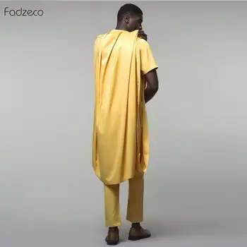 Fadzeco Agbada 2019 Vīriešu Āfrikas Izšuvumi Dashiki Dzeltena Doudou Topi ar Īsām Piedurknēm Elsas 3PCS Plus Lieluma Vīriešu Drēbes, Drēbes Bazin