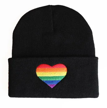 Fashion Rainbow Mīlestību Sirdī Embroideried Adītas Cepures Beanies Cepures Vīriešiem, Sievietēm, Ziemā Silts Melns Adīt Vāciņu Skullies Natal Dāvanu