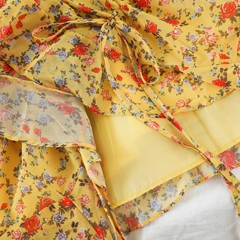 Franču retro stila ziedu šifona kleita sieviešu Slim garām piedurknēm ruffles aukliņu augsto vidukli, mežģīņu kleitas īsa kleita