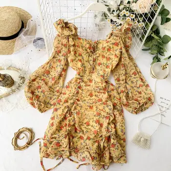 Franču retro stila ziedu šifona kleita sieviešu Slim garām piedurknēm ruffles aukliņu augsto vidukli, mežģīņu kleitas īsa kleita