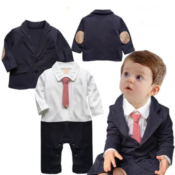 . gada Modes baby boy apģērbs, apģērbu komplekts romper+ Ielāpu mētelis jaundzimušo kāzu jaundzimušo bērnu drēbes