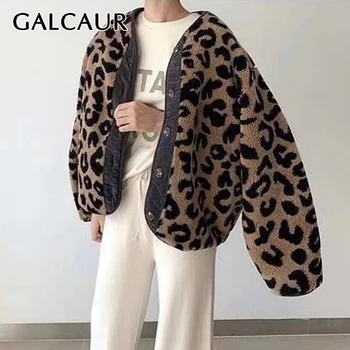 GALCAUR Jēra kažokā Sieviešu V Kakla garām Piedurknēm Leopard Hit Krāsu Vintage Zaudēt Īsā Mēteļi Sieviešu 
