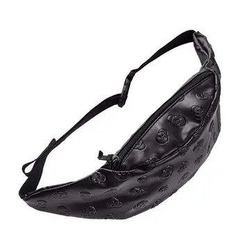Galvaskausa melns ādas jostas soma Unisex Modes Jaunus, kurš rūpējas, PU soma, mīksts jostas kabata jostas soma(Melna)