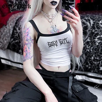 Goth Tumši Gothic Balto Sieviešu Camis Mall Goth Spageti Siksnas Backless Crop Topi Alternatīvu Apģērbu Vēstuli Drukāt Bez Piedurknēm
