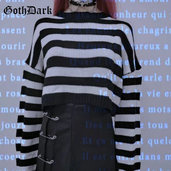 Goth Tumši Vintage Svītrainām Gothic Džemperi Punk Stila Lielajam garām Piedurknēm O-veida kakla Sievietēm, Puloveri Modes Rudenī Streetwear 2020