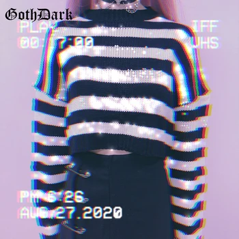 Goth Tumši Vintage Svītrainām Gothic Džemperi Punk Stila Lielajam garām Piedurknēm O-veida kakla Sievietēm, Puloveri Modes Rudenī Streetwear 2020