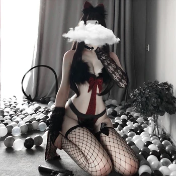 Gothic Kārdinājumam Spēlē Kostīmi Erotiska Bodysuit Karsts, Seksīgs Apģērbs Kaķis Cosplay Melns Sarkans Krūšturis, Iestatiet Veļas Velna Kalpone Sievietēm