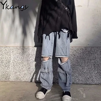 Gothic Streetwear Noņemams Zip Gadījuma Džinsi Baggy Vintagehigh Vidukļa Džinsa Harajuku Hip Hop Korejiešu Stilā Zaudēt Plaša Kāju Džinsi