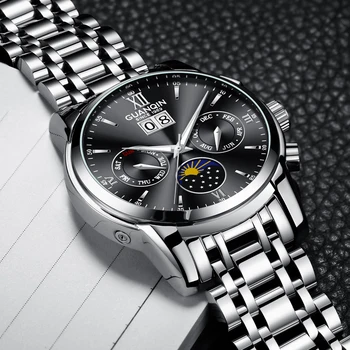 GUANQIN Mehāniskās Skatīties Vīrieši Automātiskā 30M Ūdensizturīgs Daudzfunkciju Vīriešiem Skatīties Luksusa Modes Nerūsējošā Tērauda Skatīties часы