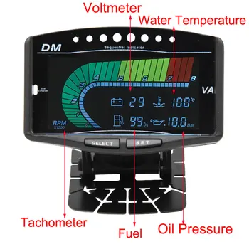 H, Ūdens Temperatūras Sensors 10mm 5In1 Auto LCD Ūdens Temp Gauge+ Volt Voltmetrs+ Degvielas Mērītājs+Tahometrs + Eļļas Spiediena Rādītājs NPT1/8