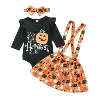 Halloween Baby Toddler Meiteņu Drēbes Halloween Drukāt Romper garām Piedurknēm Topi, Svārki Hairband Tērpiem Ikdienas Bērnu Apģērbu bebes