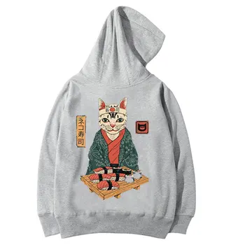 Harajuku Japāņu vīriešiem, Hoodies Ukiyo Kaķis Drukāt Hoodies vairumtirdzniecības kokvilnas sporta Krekls Unisex Streetwear pelēkā vārna piliens kuģniecības drēbes