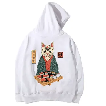 Harajuku Japāņu vīriešiem, Hoodies Ukiyo Kaķis Drukāt Hoodies vairumtirdzniecības kokvilnas sporta Krekls Unisex Streetwear pelēkā vārna piliens kuģniecības drēbes