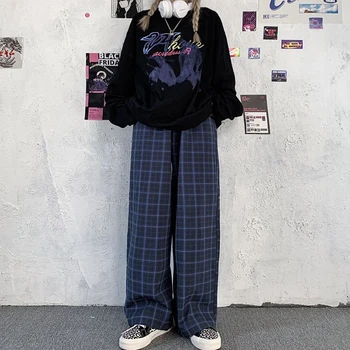 HOUZHOU Tīkla Bikses Sievietēm Augsta Vidukļa Gadījuma Pārbauda Bikses Sievietēm Taisni Pleds Bikses Vaļīgas Plaša Kāju Bikses Modes Jokers