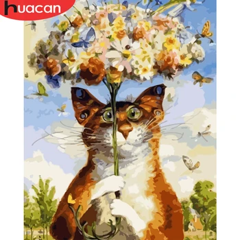 HUACAN Krāsošana Kaķis Dzīvnieki DIY Krāsošana Ar Numuriem Komplekti Akrila Sienas Art Attēlu For Home Decor Mākslas Anotācija