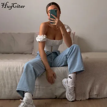 Hugcitar 2020. gadam īss puff piedurknēm raibs pārsējs sexy crop topi vasaras sieviešu fashionstreetwear apģērbs, T-krekli