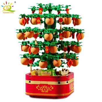 HUIQIBAO 666Pcs Ķīniešu Tradīcijām Apelsīnu Koks Rotējošo Music Box Celtniecības Bloki Jauno Gadu Svētību Ķieģeļi Uzstādīt Rotaļlietas Bērniem