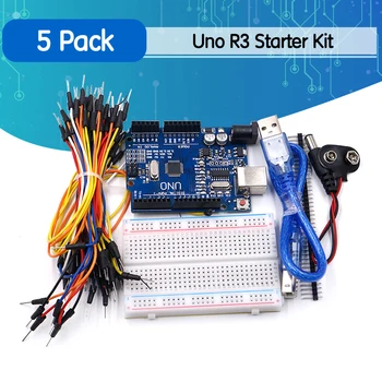 Iesācēja Komplekts par Arduino Uno R3 - Komplektā ir 5 Pozīcijas: Uno R3, Breadboard, Džemperis Vadi, USB Kabelis un 9V Bateriju Savienotājs