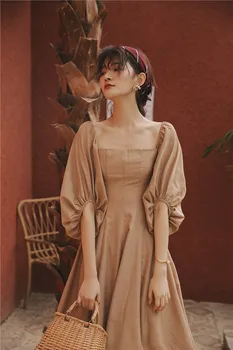 IMucci 2020. gada Vasaras Modes Retro Stila Pils Laukumā Apkakles Vestidos Puff Piedurknēm Gaiši Haki Princese Sievietes Kleitu Jūra