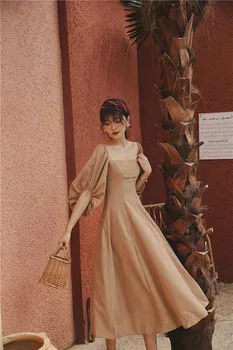IMucci 2020. gada Vasaras Modes Retro Stila Pils Laukumā Apkakles Vestidos Puff Piedurknēm Gaiši Haki Princese Sievietes Kleitu Jūra