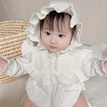 Infant Baby Toddler Meitenes Mežģīnes Jumpsuit + Cepure Pavasaris Rudens Jaundzimušais Meitenes Ar Garām Piedurknēm Lidot Piedurknēm Kombinezonus Drēbes
