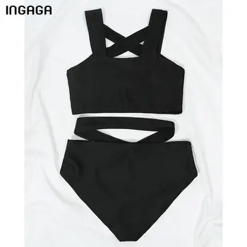 INGAGA Melns Bikini ar Augstu Vidukli, Peldmēteļi, Push Up Peldkostīmi Sieviešu Krusta Apsēju Biquini Peldvietu Tērpi Ir 2021. Izgriezt Beachwear