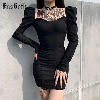InsGoth Vintage Elegants Sexy Melnu Mini Kleitu Gothic Dobi No Augsta Vidukļa Kleita Sievietēm Puse Nakts Burvīgs Kleita Ar Garām Piedurknēm