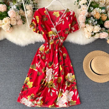 Ir 2021. Boho v kakla slim ziedu drukāt Midi Kleita Vasaras Puse Sieviešu Ikdienas vestidos ceļa garums kleita-Line Beach brīvdienu kleita
