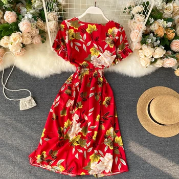 Ir 2021. Boho v kakla slim ziedu drukāt Midi Kleita Vasaras Puse Sieviešu Ikdienas vestidos ceļa garums kleita-Line Beach brīvdienu kleita