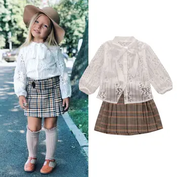 Ir 2021. Bērnu Pavasara, Rudens Apģērbu 2gab Boutique Toddler Bērniem Meitene Apģērbs ar garām Piedurknēm ar Mežģīņu Krekls Topi Pledi Svārki Apģērbi 1-6Y