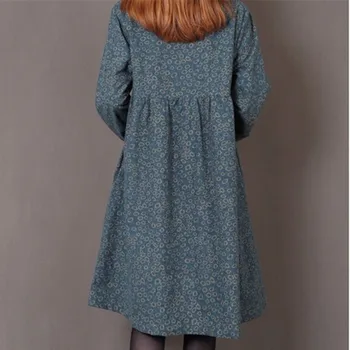 Ir 2021. Modes Drukāt Ziedu Pavasara Kleita Kokvilnas Veļa Ar Garām Piedurknēm Dāmas Vintage Kleita Plus Lieluma Zaudēt Sieviešu Ikdienas Rudens Kleita