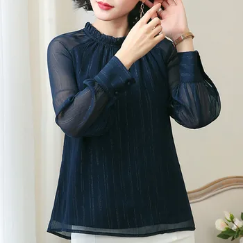 Ir 2021. Modes Sieviešu Šifona Blūzes ar garām Piedurknēm O-veida kakla Elegants Sieviešu Apģērbu Gadījuma Sieviešu Topi Biroja Dāma 5400 50