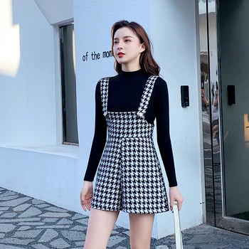 Ir 2021. Pavasara Sieviešu Korejas Modes Houndstooth Zeķturi High-Waist Šorti Melnā Trikotāžas Džemperis Divi-Gabals, Kas Sievietēm
