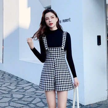 Ir 2021. Pavasara Sieviešu Korejas Modes Houndstooth Zeķturi High-Waist Šorti Melnā Trikotāžas Džemperis Divi-Gabals, Kas Sievietēm