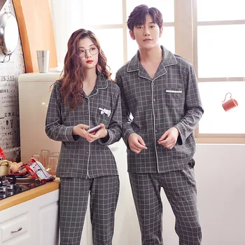 Ir 2021. Rudens Jaunas Kokvilnas Pidžamas Uzvalks 2GAB Sleepwear Mīļotājiem Krekls&Bikses Gadījuma Sievietēm Miega Komplekts Pijamas Mīksto Pāri Naktsveļu