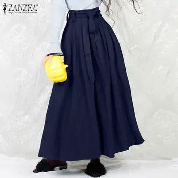 Ir 2021. Sieviešu Vintage Cietā Svārki ZANZEA Modes Ilgi Maxi Svārki, Elegantas Plisētās Mujer Faldas Sieviešu Augsta Vidukļa Siksnas Apakšas