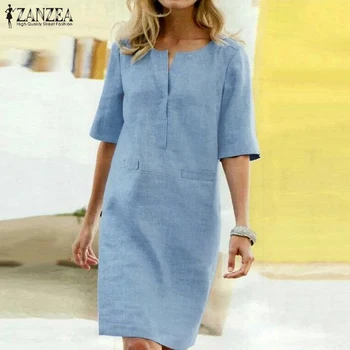 Ir 2021. ZANZEA Krekls, Kleita Sieviešu Vasaras Sundress Vintage Gadījuma Tunika Vestidos Elegants Sieviešu Pusi Piedurknēm Puse Drēbes Plus Izmēra