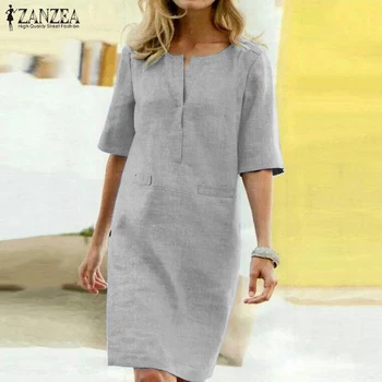 Ir 2021. ZANZEA Krekls, Kleita Sieviešu Vasaras Sundress Vintage Gadījuma Tunika Vestidos Elegants Sieviešu Pusi Piedurknēm Puse Drēbes Plus Izmēra