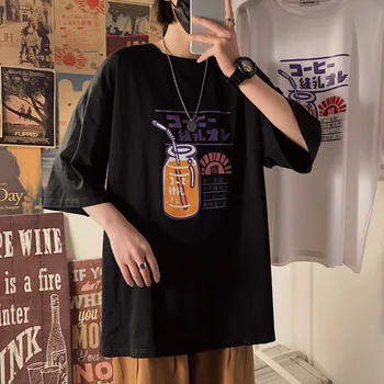 Japāņu Harajuku Vīrieši Sievietes Grafiskais T Krekls Vasaras Brīvs T Ulzzang Korejiešu Stilā, T-Veida Topi, Hip Hop Īsām Piedurknēm Baltā Melnā