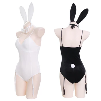Japāņu Sexy Bunny Girl Sleepwear Uzvalks Sieviešu Sievietēm Cosplay Kostīmu Trušu Jumpsuit Tumšā Apakšveļa Nightdress Melns & Balts