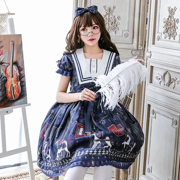 Japāņu Stila Meitene Lolita Kleita Zilā jūrnieks apkakles Kawaii Meitenes Karuselis Iespiesti Princese Istabene Kostīms, kleita jebkāda izmēra